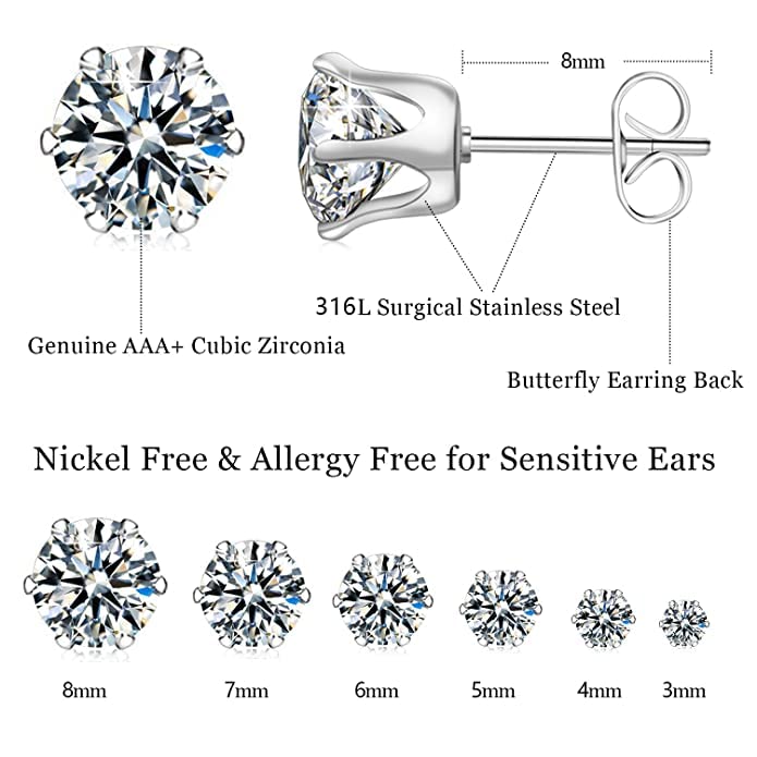 El Regalo 5 Pairs Unisex Stud Earrings Set, Hypoallergenic Cubic Zirconia 316L Earrings Stainless Steel CZ Earrings 3-8mm for Girls/Boys/Men & Women