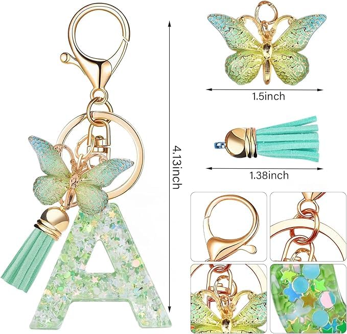 El Regalo Personalized Name Initials Butterfly Charm Keychain - Name Letters Keyring with Green Butterfly & Stars Filled Resin & Tassel Pendant, Purse, Bag, Backpack Accessory (Letter A)