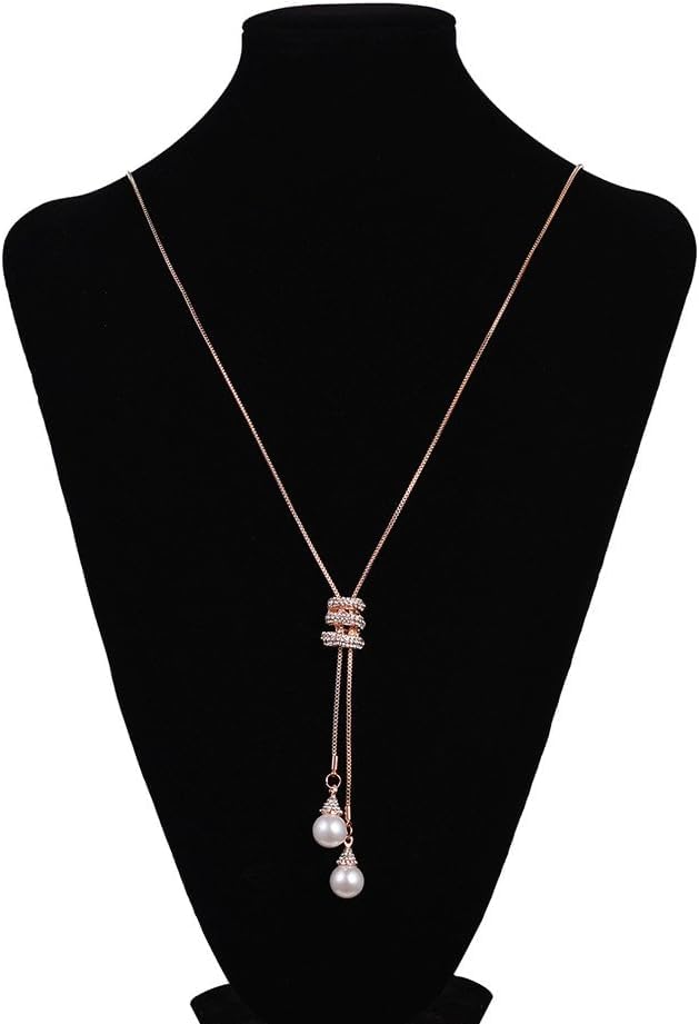 El Regalo Fancy Long Rhinestone Pearls Drop Pendant Adjustable Long Necklace for Girls & Women - Sweater Chain Pendant Neclace (Gold)