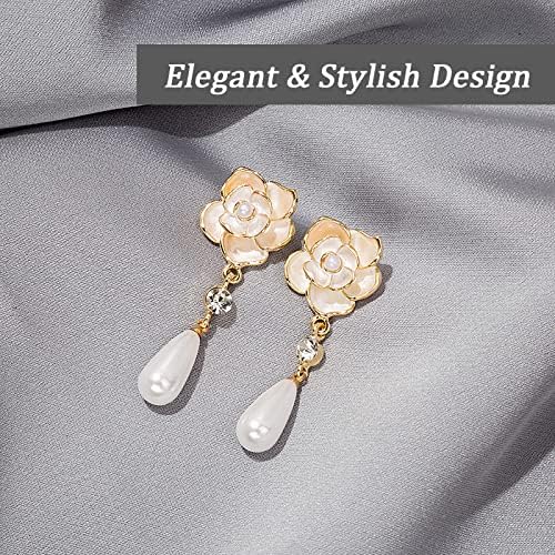 El Regalo Women's & Girl's Elegant White Camellia Flower Pearl Stud Earrings-