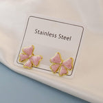 El Regalo 1Pair Stainless Steel Anti-Tarnish Pink Enamel Earrings for Girls & Women | Trendy & Cute Leaf, Bow, Ribbon, Strawberry & Butterfly Stud Earrings (Bow stud)
