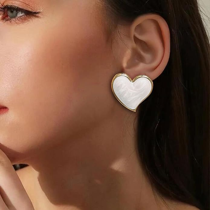 El Regalo 1Pair Stainless Steel Anti-Tarnish Pink Enamel Earrings for Girls & Women | Trendy & Cute Leaf, Bow, Ribbon, Strawberry & Butterfly Stud Earrings (Big Heart)