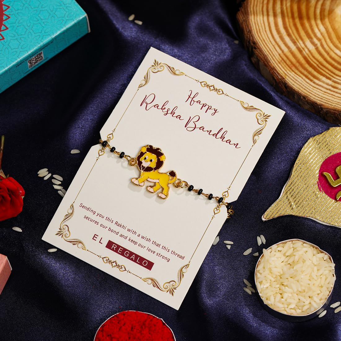El Regalo Kids Nazaria Rakhi for Little Brother - Cute Chrams Nazaria Rakhis for Babies/Toddlers with shagun, Rakhi Message Card in Rakhi Gift Box (Lion)
