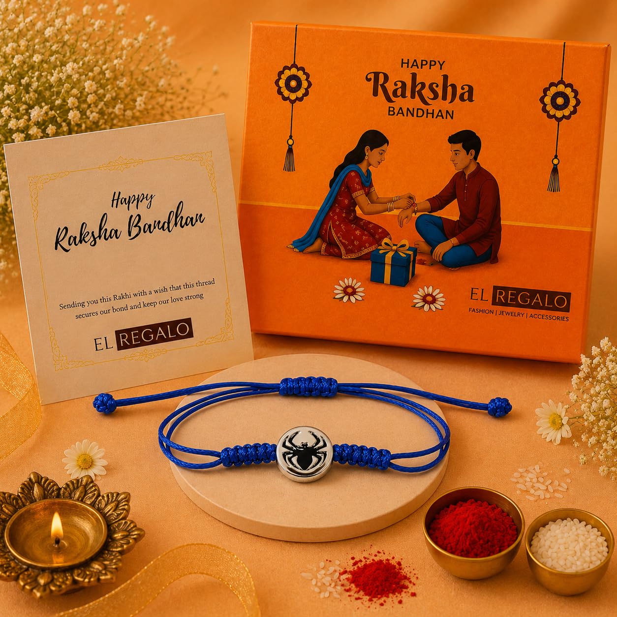 El Regalo 1PC Cute Kids Rakhis - Fancy Cartoon & Superhero Rakhi for Brother or Sister - Spiderman, Batman, Kitty - With Roli Chawal in Rakhi Box (Blue Spider)