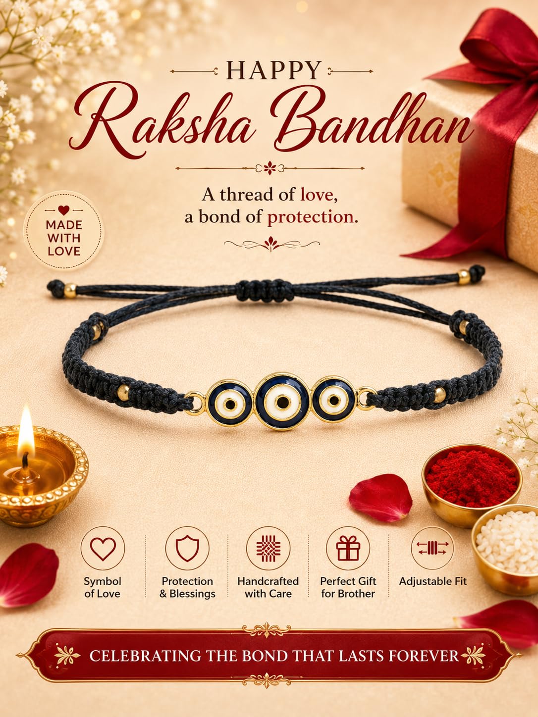 El Regalo 2PCs Rakhis for Brother- Evil Eye Rakhi Combo Set with 2 Rakhis, shagun Pack, Rakhi Message Card in Rakhi Gift Box (Option-2)