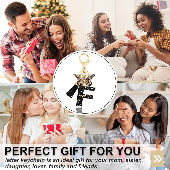 El Regalo Personalized Name Initials Butterfly Charm Keychain - Name Letter Keyring with Black & Golden Tassel & Butterfly Pendant, Purse, Bag, Backpack Accessory (F Letter)