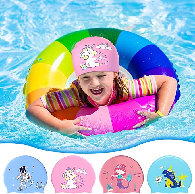 El Regalo 2 PCs Kids Swimming Caps Set- Silicone Swimming Hat for Girls Boys Waterproof Bathing Caps for Long & Short Hair with Unicorn, Astronaut, Heart, Fairy Mermaid (Unicorn & Astronaut)