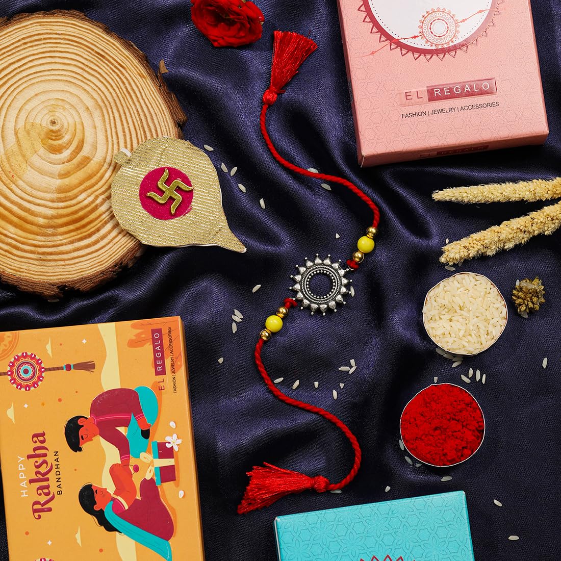 El Regalo 1PC Designer Red Thread Antique Stone Rakhi for Brother- Minimalist Antique Charm Rakhi with Roli Chawal, Rakhi Message Card in Rakhi Gift Box (Red Green)