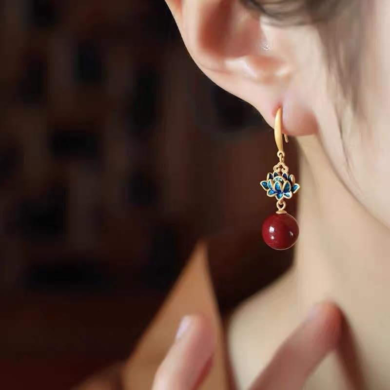 El Regalo Lotus Design Drop Earrings for Women & Girls - Gold Plated Enamel Earrings with Red Stone Bead Pendant - Ethnic & Contemporary Earrings
