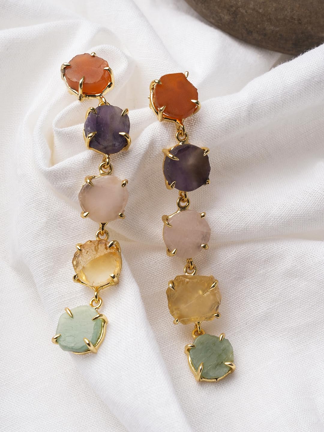 El Regalo Luxury Multi-Colored Natural Raw Stones Rough Edge Earrings - Handcrafted Gold-Finished Studs for Modern Women