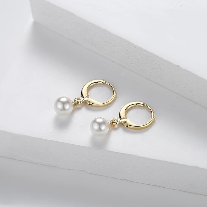 El Regalo Stainless Steel Pearl Hoop Earrings- Anti-Tarnish Small Pearl Drop Huggie Hoop Bali Earrings for Girls & Women (Golden)