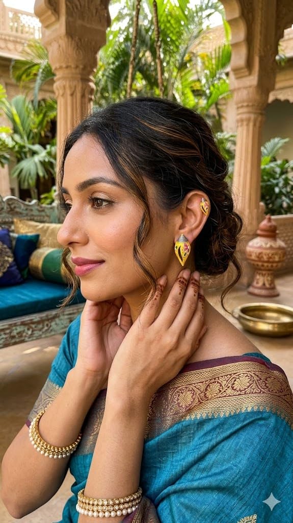 El Regalo Ethnic Hand-Painted Conch-Style Earrings for Women | Ethnic Boho Statement Earrings | Traditional Festival Earrings | Unique Handmade Drop Earrings (Yellow)