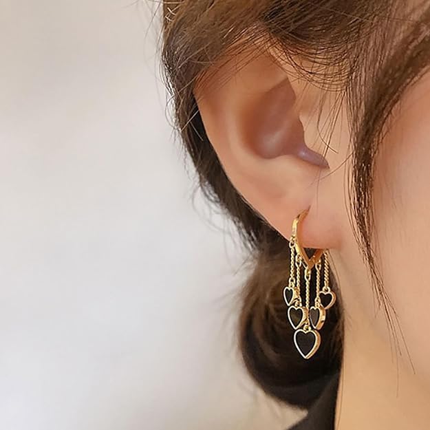 El Regalo Love Hearts Tassel Hoop Earrings for Women/Girls- Heart Huggie Hoop Chains Earrings (Gold)
