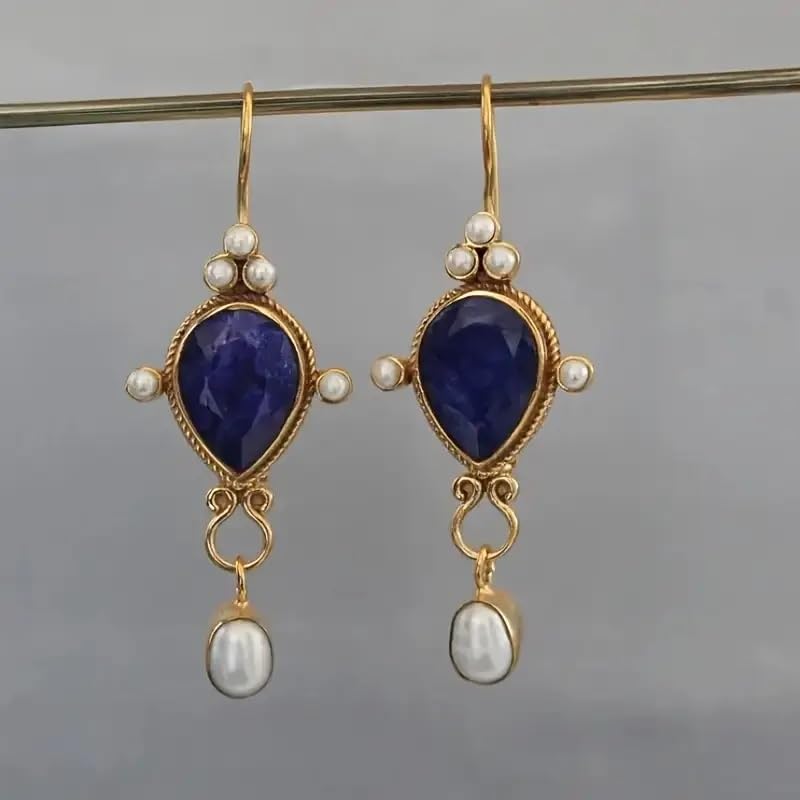 El Regalo Beautiful Traditional Drop Earrings with Pearls for Women & Girls - Elegant Gold Plated Hook Earrings (Blue Sapphire)