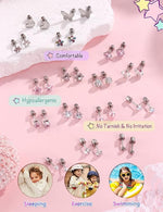 El Regalo 12 Pairs Cute & Tiny Screw Back Earrings Set for Women, Girls & Kids | 316L Stainless Steel Stud Earrings with Pearl, Heart, Flower & Star Designs | Comfortable Flat Back Screw Studs - Pink, Silver & Multicolor