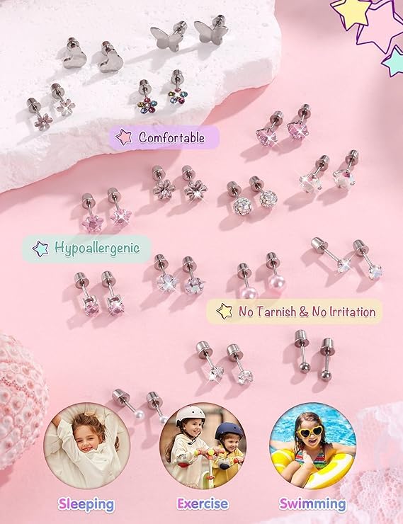 El Regalo 12 Pairs Cute & Tiny Screw Back Earrings Set for Women, Girls & Kids | 316L Stainless Steel Stud Earrings with Pearl, Heart, Flower & Star Designs | Comfortable Flat Back Screw Studs - Pink, Silver & Multicolor