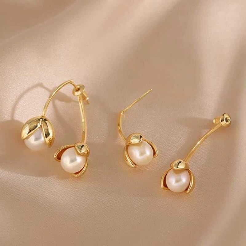 El Regalo Front Back Petals Pearls Stud Earrings- Gorgeous Gold Plated Pearl Drop Bud Earrings for Girls & Women