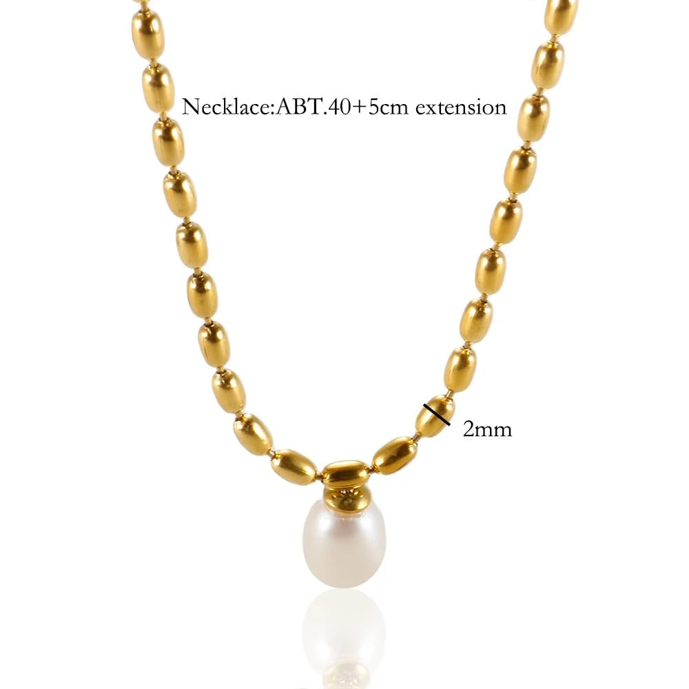El Regalo Elegant Warterproof 18K Gold Plated Pearl Dainty Ball Bead Chain Necklace - Stainless Steel Anti-Tarnish Jewelry for Women, Girls (Ball Beads Drop Pearl Chain)