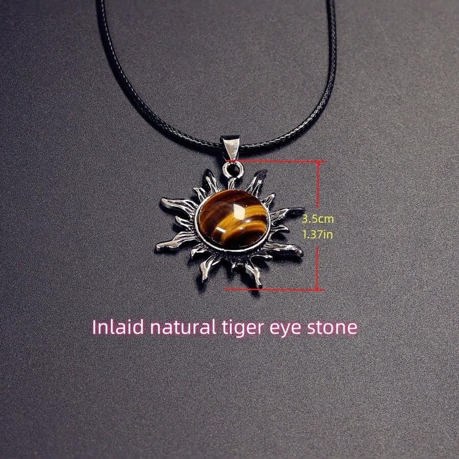 El Regalo Vintage Style Natural Stones Gothic Sun Pendant Unisex Necklace (Tiger Eye- Brown)