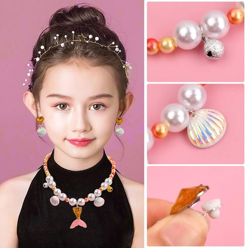 El Regalo 4-Piece Mermaid Princess Jewelry Gift Set for Girls Kids- Princess Mermaid Shell Necklace, Bracelet, Earrings, Ring Pearl Gifts for Girls/Toddlers/Kids Dress Up Jewelry