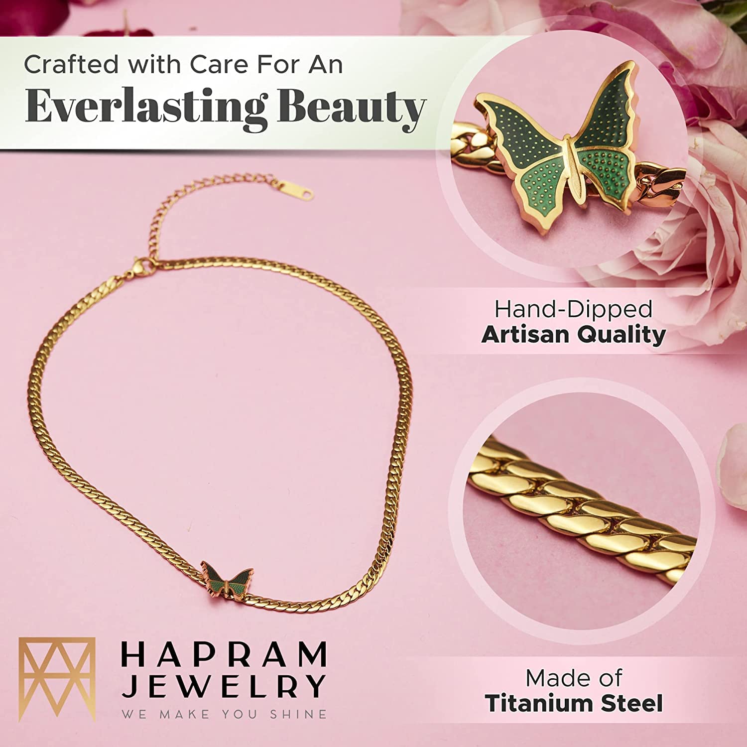 El Regalo 18K Gold Waterproof Vintage Green Enamel Butterfly Choker Cuban Chain Necklace- Stainless Steel NO RUST/ANTI TARNISH Butterfly Flat Snake Chain Necklace for Girls & Women