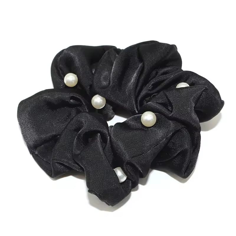 El Regalo 3 PCs Satin Silk Pearls Hair Scrunchies for Women/Girls- No Damage Silk Hair Ties with Delicate Pearls - Soft, Smooth & Shiny Hair Accessories (Color option-1)