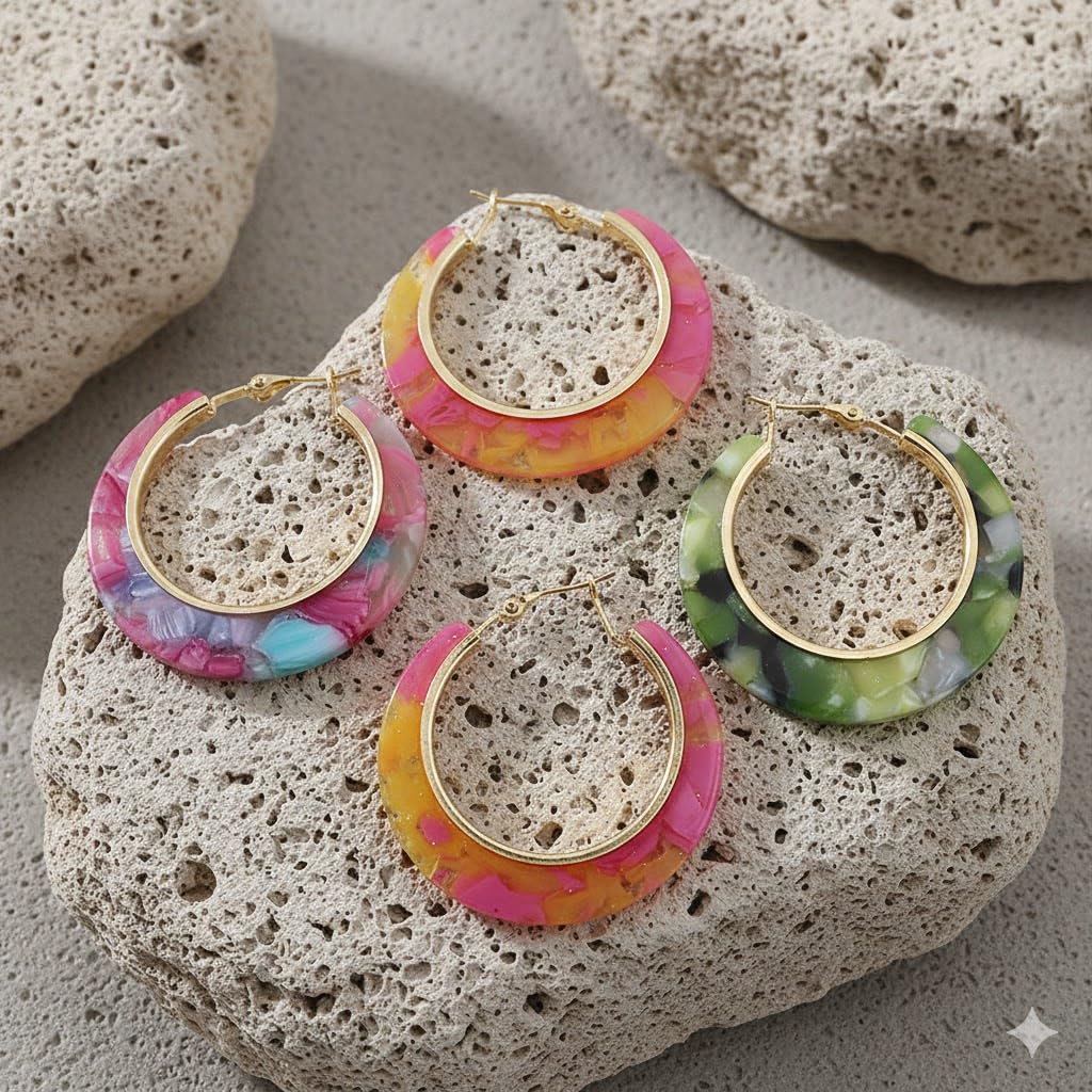 El Regalo 3 Pairs Acrylic Hoop Earrings for Women & Girls - Lightweight Colorful Resin Hoops Set - Boho Fashion Jewelry for Western & Casual Wear - Pack of 3 (Geometric C-Shape) (Option-2)