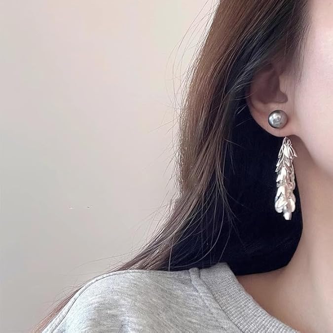 El Regalo Women's & Girl's Elegant Grey Iridescent Pearl Fringe Earrings - 2 Ways Wheat Fringed Ear Jacket Earrings, Lightweight, Versatile Design for Sophisticated Style