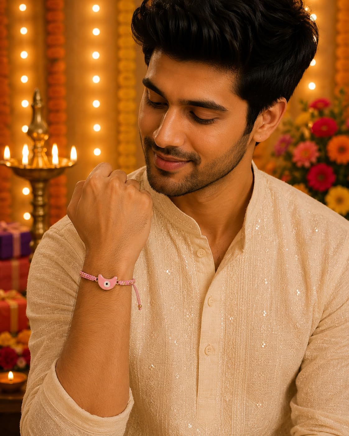 El Regalo Evil Eye Bracelet Rakhi for Brother with Roli Chawal in Gift Box (Moon Evil Eye-Pink)