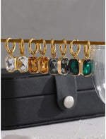 El Regalo Stainless Steel Rectangular Cut Rhinestone Hoop Earrings - Elegant 18K Gold Plated Waterproof Vintage-Inspired Cubic Zirconia Huggie Hoops for Women (Grey)