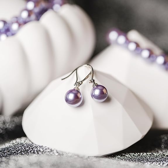 El Regalo Elegant 3-Piece Pearls Jewelry Set Includes Strand Mala, Stunning Bracelet & Dangle Earrings | Premium 8mm Round Shell Pearl Necklace Set for Women | Luxury Party Gifting (Purple)