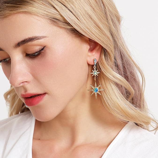 El Regalo Bohemian Moon Star Asymmetric Tassel Earrings- Crystal Moon & Sun Drop Earrings Long Retro Exquisite Punk Style Jewellery for Women Girls