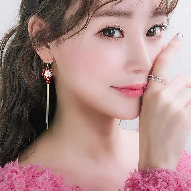 El Regalo 925 Silver Plated Flower Threader Earrings- Needle Threader Long Tassel Earrings for Girls & Women (Red Flower)