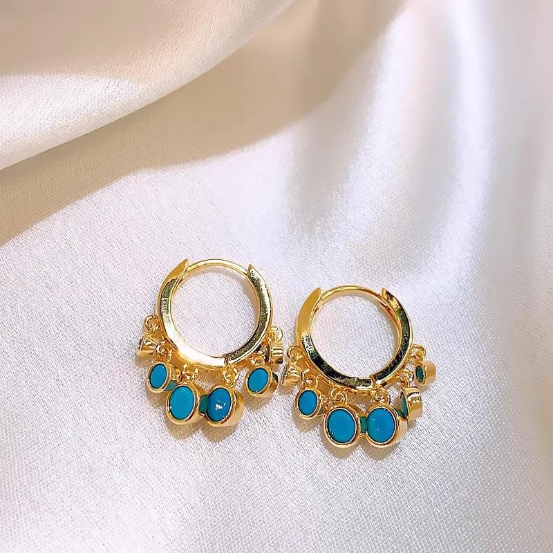 El Regalo Elegant Round Dot Turquoise Dangle Drop Huggie Hoop Earrings - Cute 14k Gold Plated Multi Drop Hoop Earrings for Women & Girls