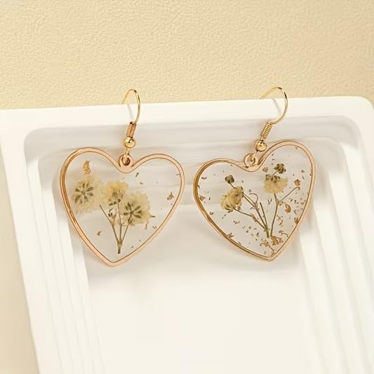 El Regalo Beautiful Transparent Heart Dried Flower Earrings for Women | Handmade Real Dried Floral Resin Dangle Earrings | Lightweight Bohemian Style Camellia Flower Earrings | Elegant Jewelry Gift (style-1)