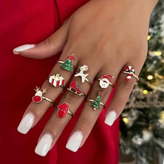 El Regalo 12 Pcs Christmas Adjustable Rings Set for Kids/Girls/Teens/Women | Cute Xmas Party Favour Rings with Heart Gift Box | Santa, Reindeer, Christmas Tree, Snowman, Candy Cane, Wreath Designs
