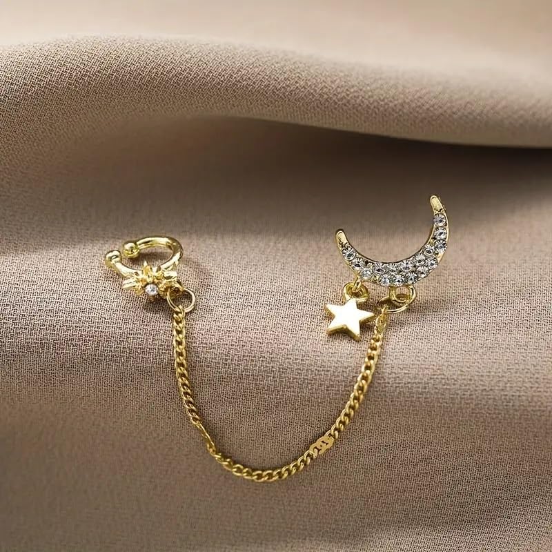 El Regalo 1 Pair CZ Moon Star Chain Cuff, Ear Clips, Ear Wraps Earrings- Crystal Crescent, Northstar Stud Earrings for Women/Girls