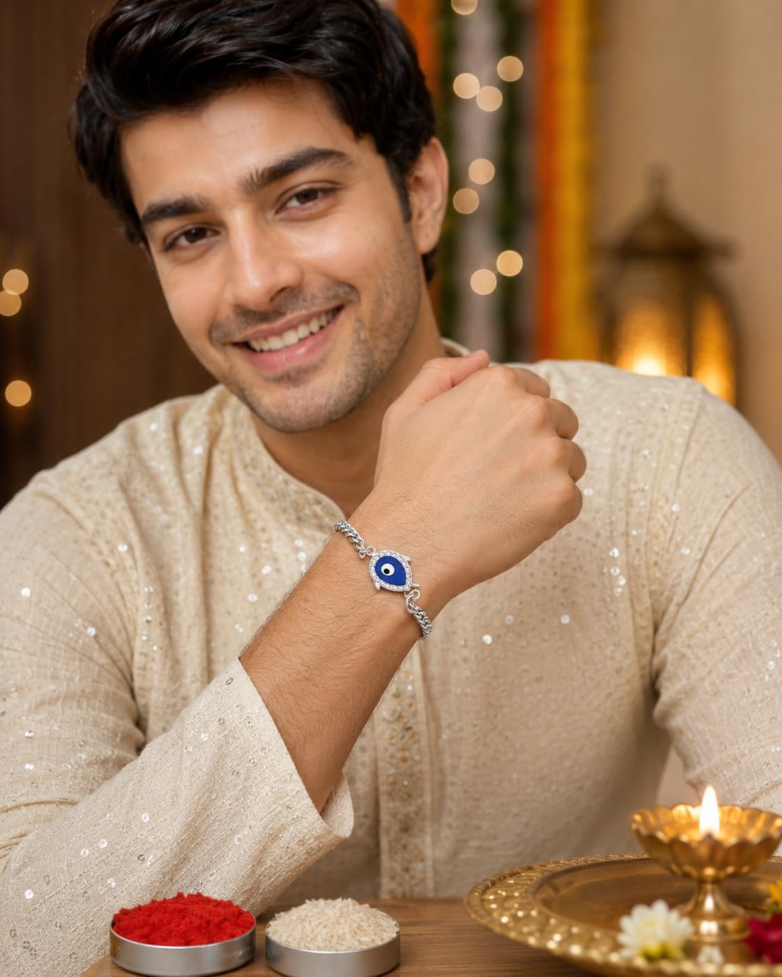 El Regalo Unisex-Adult 1Pc Cz Evil Eye Stainless Steel Rakhi For Brother - Anti Tarnish/No Rust/Waterproof Evil Eye Designer Rakhi With Roli Chawal, Rakhi Message Card In Rakhi Gift Box (Option-1)