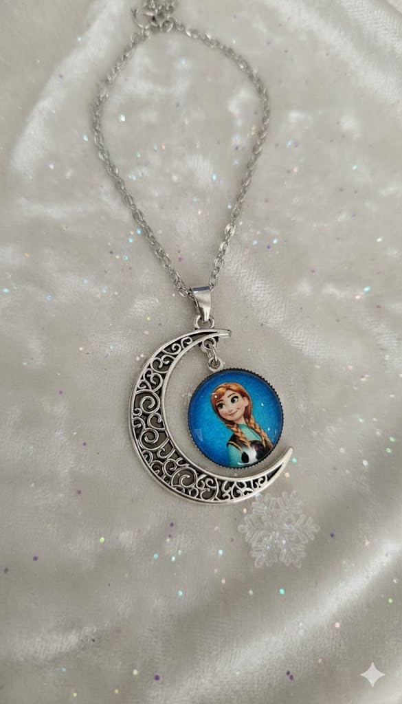 El Regalo Princess Crescent Moon Pendant Necklace for Girls- Enchanted Fairytale Character Jewelry with Filigree Detail, Silver-Tone Chain, Perfect Birthday Return Gift or Party for Toddlers and Kids (Style-3)
