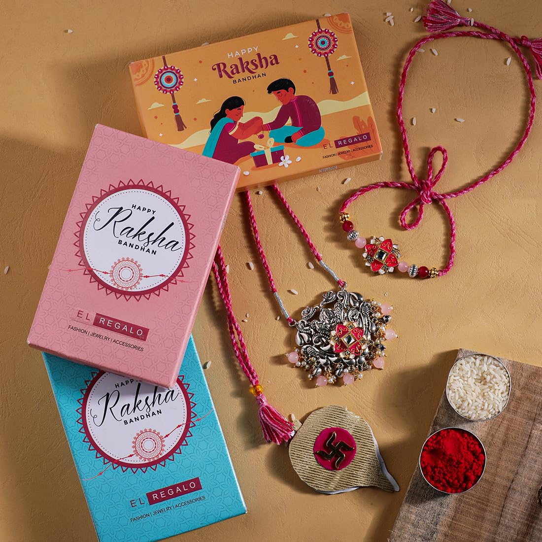 El Regalo Designer Bhaiya- Bhabhi Rakhi Luma/Lumba Set- Kundan, Pearls Rakhi with Roli Chawal in Gift Box- Luma Convertible into Necklace (Option-1)