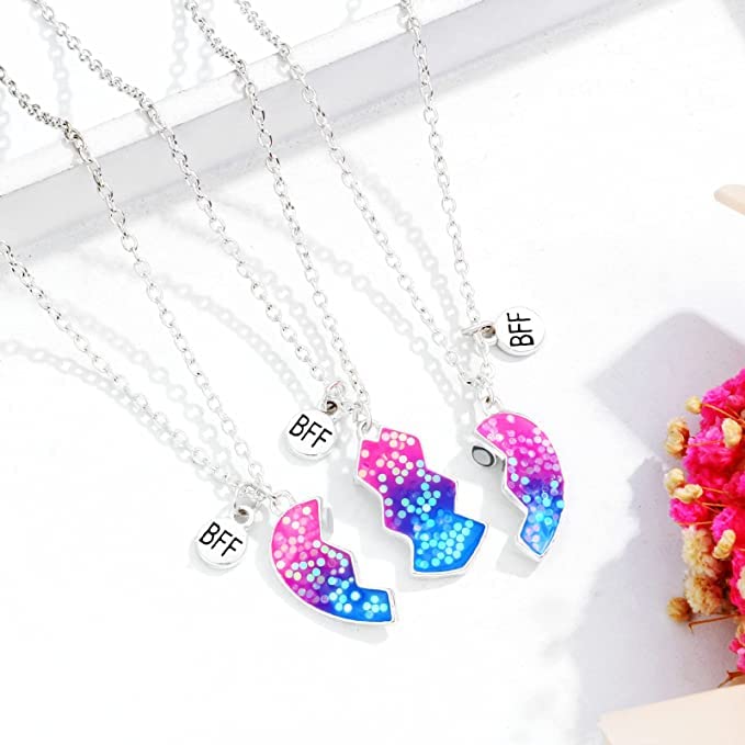 El Regalo 3 PCs BFF Best Friend Forever Split Heart Magnetic Matching Pendant Necklaces Set for Kids/Girls/Teens- Friendship Puzzle Necklaces Sets for Besties (Sparkly Blue Heart)