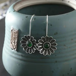 El Regalo Women's & Girl's Vintage Bohemian Style Green Rhinestone Flower Hook Earrings- Elegant Pastoral Style Floral Earrings in Antique Silver Finish
