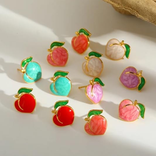 El Regalo Cute Gold Plated Stainless Steel Oil Drop Peach Stud Earrings for Girls & Women | Hypoallergenic Fruit Themed Fashion Earrings (Peach)