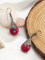 El Regalo Oxidized German Silver Bohemian Tibetan Stones Hook Earrings for Girls & women | Earrings for Women (Magenta)