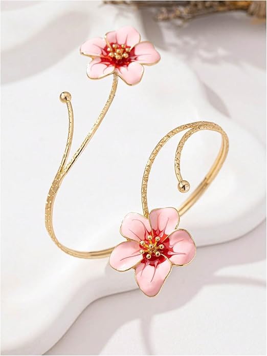 El Regalo Floral Enamel Armlet/Bajuband for Women & Girls - Adjustable Gold-Plated Upper Arm Cuff Bracelet | Bohemian Armlet for Weddings, Festivals & Dance Performances (Pink)