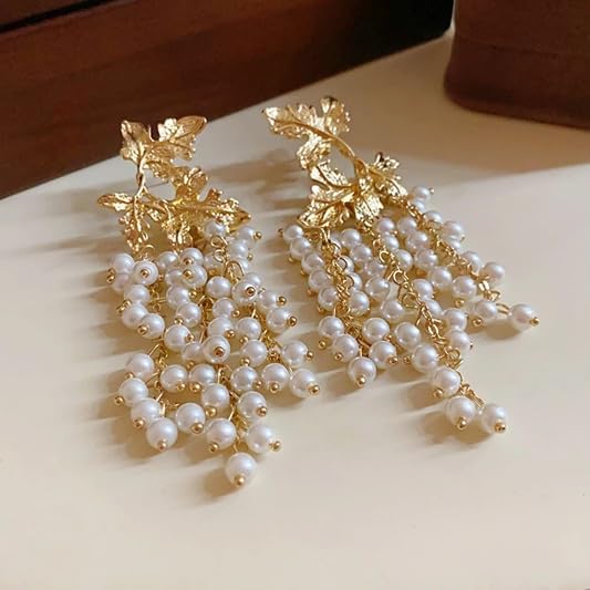 El Regalo Vintage Retro Pearl Tassel Earrings - Exaggerated Pearl Maple Leaf Tassel Earrings for Women & Girls