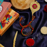 El Regalo 1PC Designer Red Stones Multi Colored Thread Rakhi for Brother- Antique Rakhi with Roli Chawal, Rakhi Message Card in Rakshabandhan Gift Box