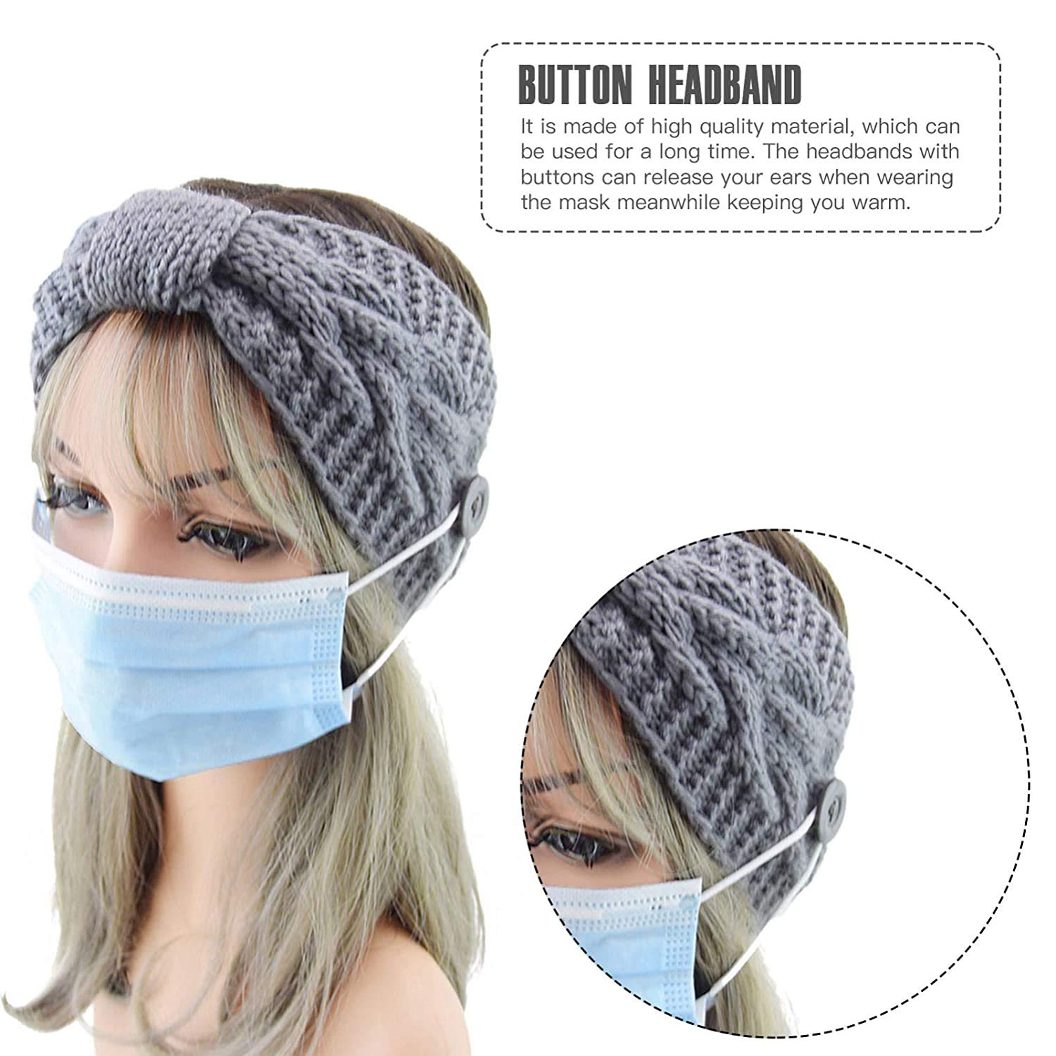 El Regalo Knitted Winter Twist Warm Wool Headband with Buttons for Face Mask Cover for Unisex (Grey)