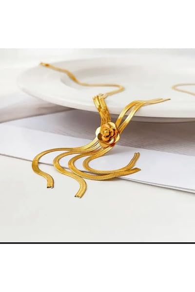 El Regalo 2-Strand Flat Snake Chain with Camellia Flower- Stainless Steel Herringbone Flower Tassel 2 Layered Chain Necklace