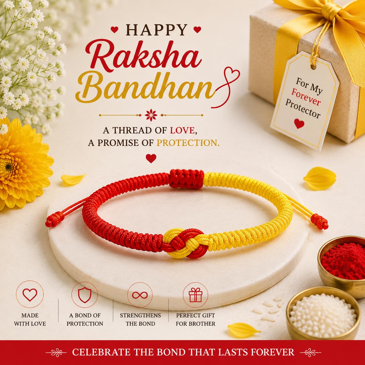 El Regalo 1PC Infinity Love Knot Lucky Rakhi for Brother - Hand Braided Amulet Knot Thread String Rakhi with Roli Chawal, Rakhi Message Card in Gift Box (Red & Yellow Mix)